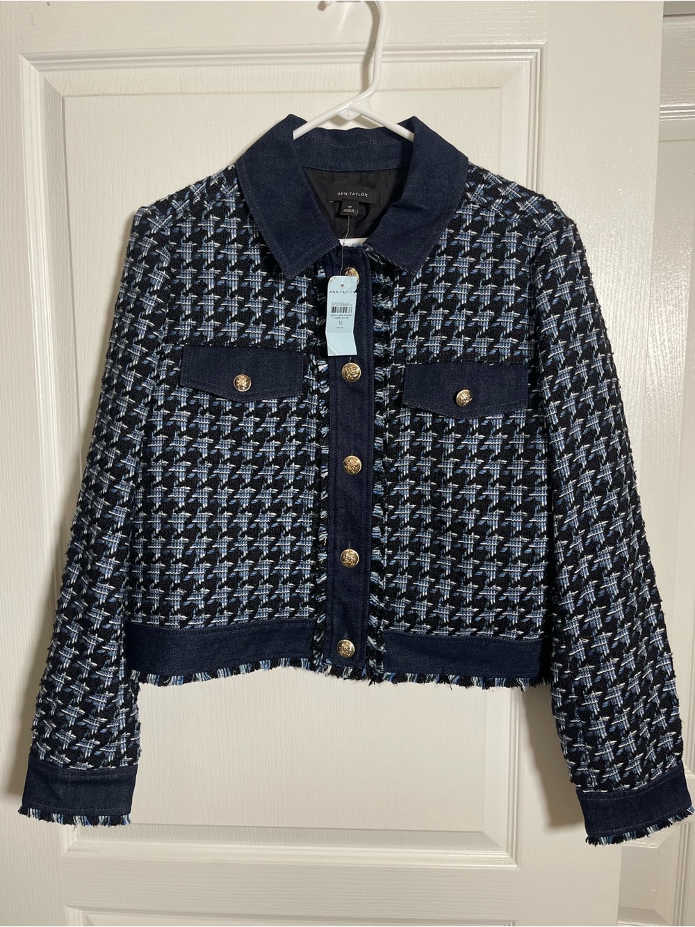 Ann Taylor Houndstooth Fringe Tweed Denim Jacket Size 12P Blue Black